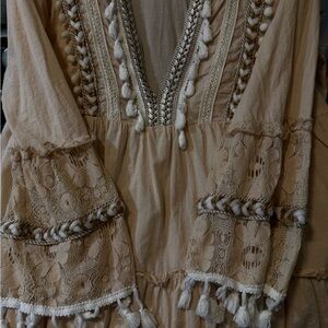 Boho Tassel Lace Peasant Blouse in Beige